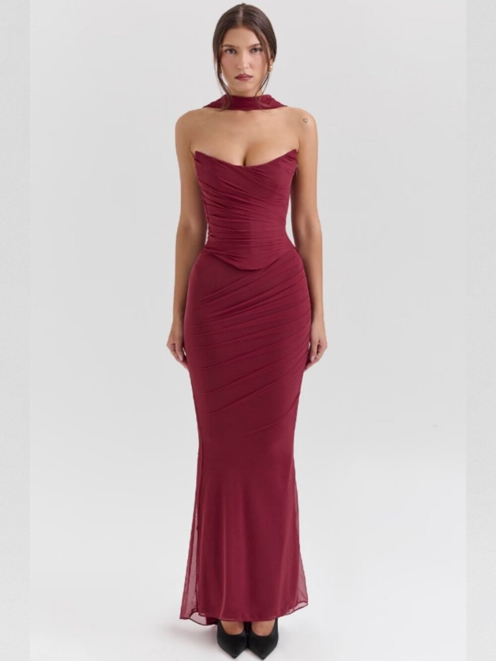 House of CB Hallie Cabernet Corset Neck Scarf and Casssidy Mesh Maxi Skirt